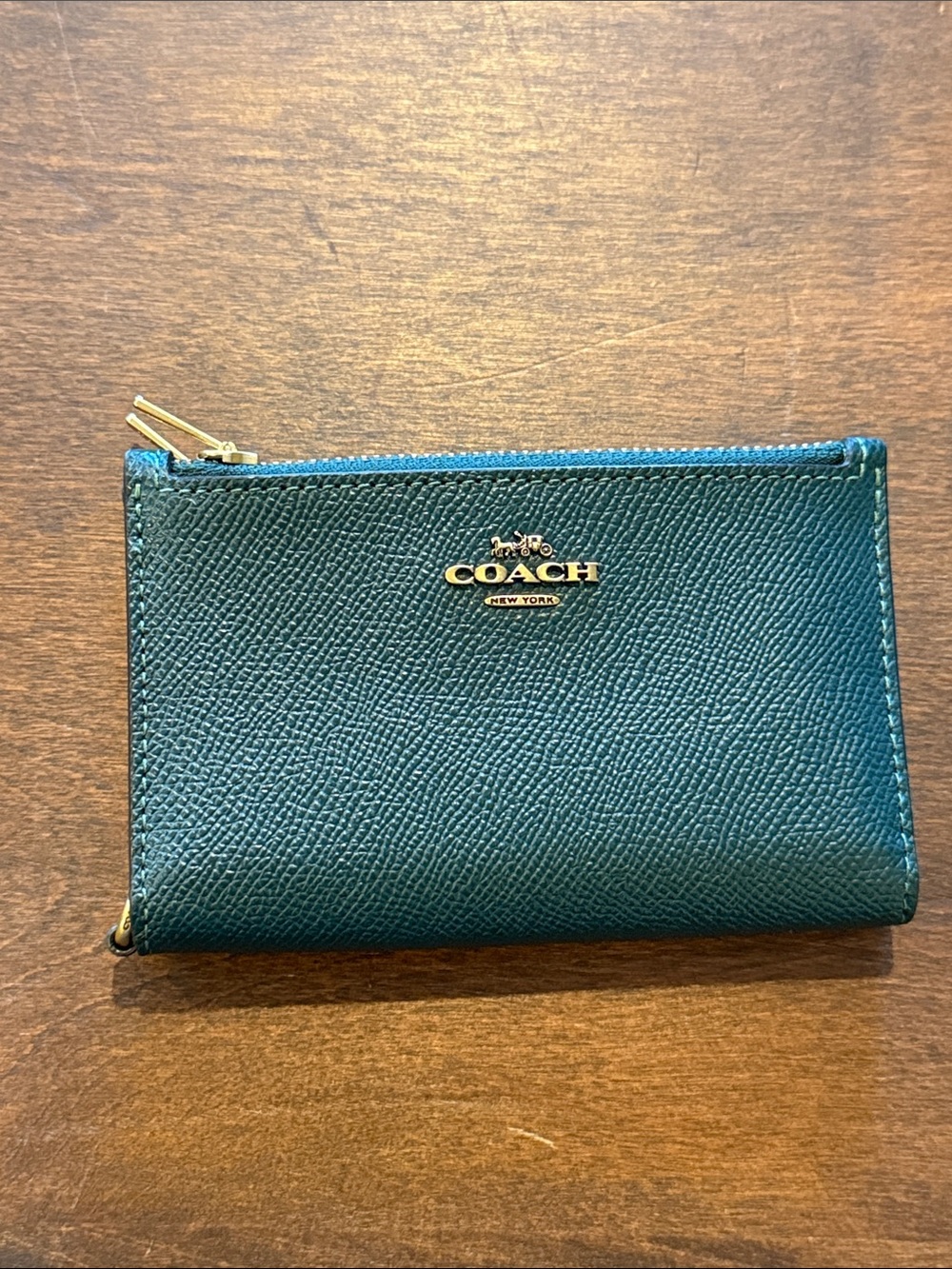 Coach Colorblock Zip Card Case Wallet Crossgrain Leather Green & Brown Rust Tan